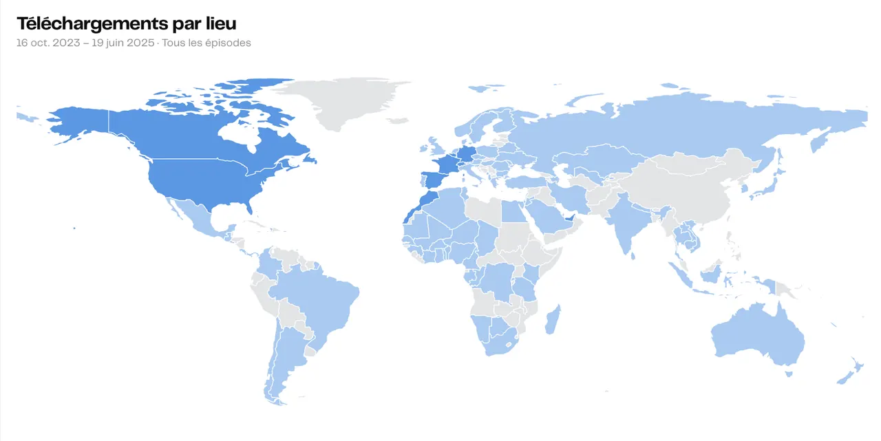 Carte mondiale des téléchargements du podcast TsunamIA par région